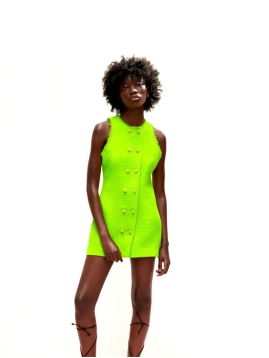 Zara Dresses & Skirts - Zara Neon Lime Frayed Tweed Dress with Gold-Tone Buttons